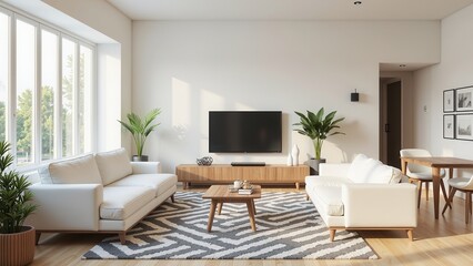 A sleek modern living room featuring plush white leather sofas flanking a gray and white rug, complemented by an elegant wooden coffee table on one side