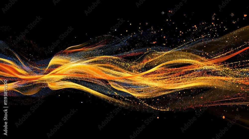 Poster Flows of vibrant energy lines and dots symbolize active communication and data exchange in a digital landscape. Generative AI