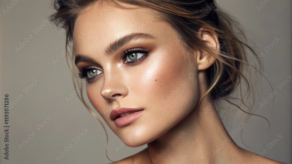 Poster a portrait that showcases an ethereal look featuring light coverage makeup that enhances natural fea