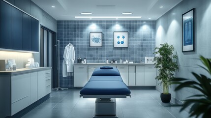 Modern medical clinic examination room; clean, minimalist design. Ideal for healthcare, wellness, and medical websites or brochures.