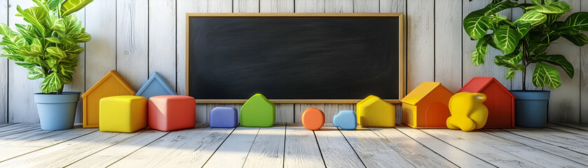 Colorful Blocks & Houses by Blackboard: Playful Learning Space, Early Childhood Education,  Brightly Colored Toy Shapes.