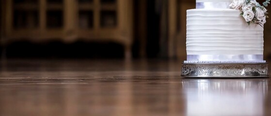 Elegant White Wedding Cake on Silver Stand  Rustic Floor