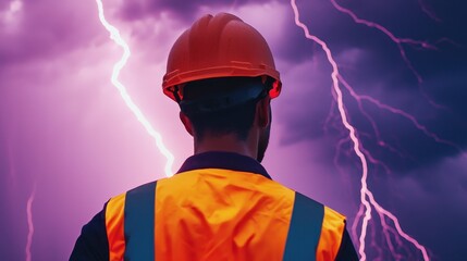 Lightning storm threatens construction worker outdoor job site photograph dramatic environment rear view safety awareness