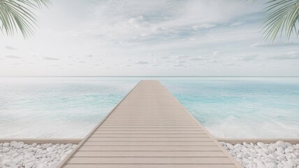 Fototapeta premium A serene wooden pier stretches into a tranquil turquoise sea, framed by gentle waves and soft clouds, evoking a sense of peace and relaxation.