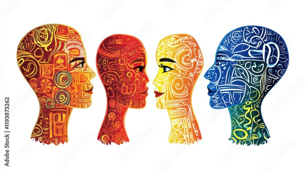 Poster abstract artwork representing diversity and unity through colorful head silhouettes with intricate p