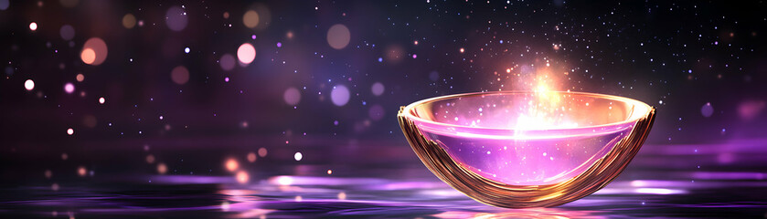 Obraz premium Glowing Orb, Mystical Light Emits from Golden Bowl, Illuminating a Purple, Sparkling Surface with Enchantment.