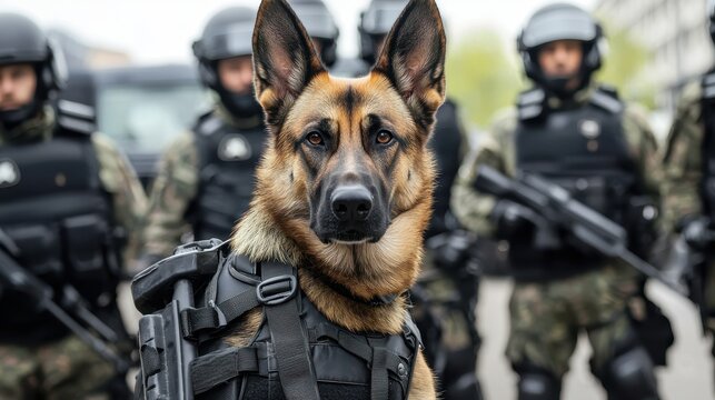K9 unit training demonstration urban environment action scene law enforcement close-up canine security concept