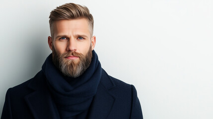 Fototapeta premium stylish man with beard wearing dark coat and scarf, exuding confidence and charm.