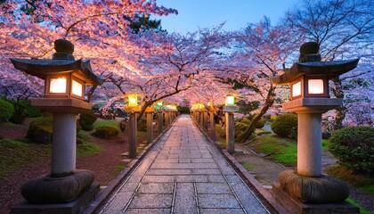 桜並木と石灯籠が照らす神社の参道