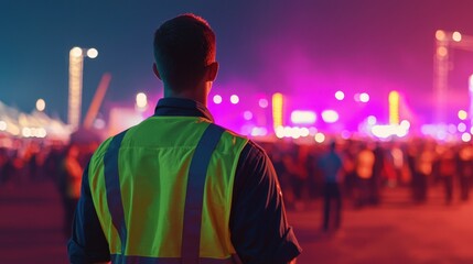 Event supervisor overseeing nighttime festival crowd management outdoor venue vibrant atmosphere wide angle view