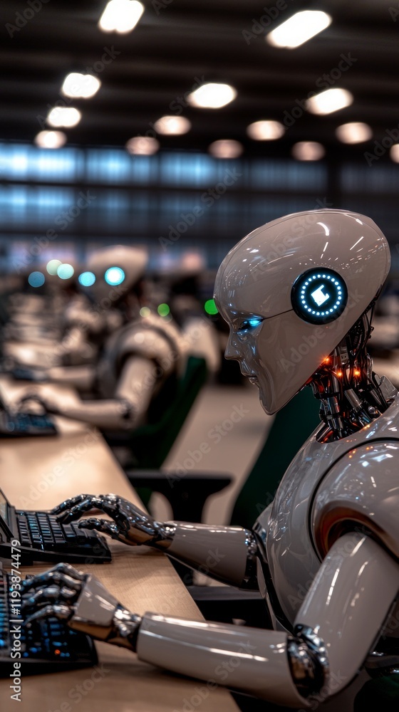 Poster futuristic robots working in modern office ai automation technology
