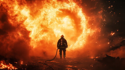 Fototapeta premium A heroic firefighter silhouetted against the flames as they carry a hose into a burning structure