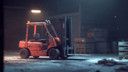Realistic Forklift in Warehouse Setting with Action-Packed Lifting of Goods Surrounded by Pallets and Neutral Artificial Light for Dynamic Visual Appeal