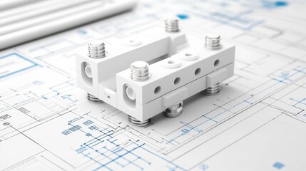 A detailed mechanical component rests on architectural blueprints, showcasing precision engineering and design.