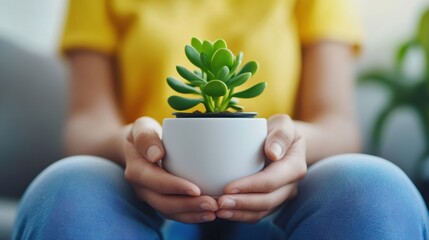 A person holds a small succulent plant in a white pot while wearing a yellow shirt, sitting comfortably in a bright, cozy space.
