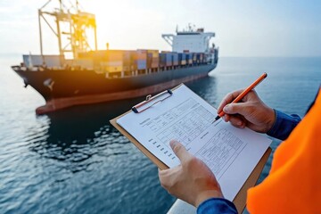 A shipping worker inspects cargo while taking notes on a clipboard next to a container ship at sea during sunset.