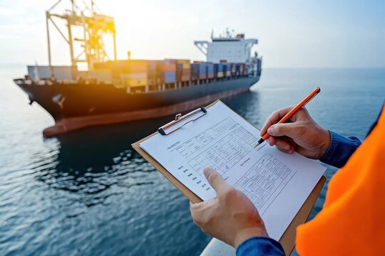A shipping worker inspects cargo while taking notes on a clipboard next to a container ship at sea during sunset.