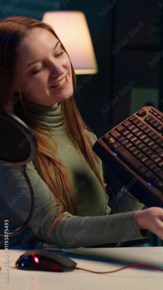 Poster vertical video happy influencer testing keyboard and mouse while doing review in personal studio to 