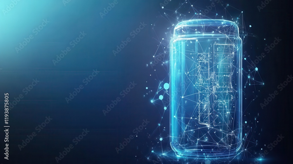 Poster futuristic transparent container visualization in a digital environment with abstract networking and