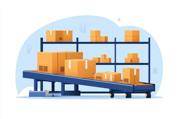A modern warehouse scene featuring stacked boxes on shelves and a conveyor belt, illustrating storage and logistics.
