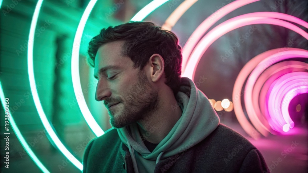 Poster a subtle portrait capturing a mans soft expression softly blurred as vivid green and pink light trai