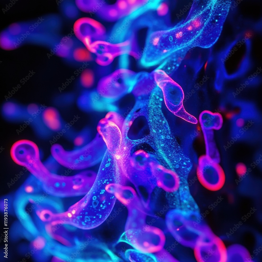 Poster glowing bacteria under ultraviolet light showcasing vibrant bioluminescence in a dark environment. g
