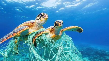 Two sea turtles swim through ocean water, entangled in fishing nets, highlighting the impact of marine pollution on wildlife.