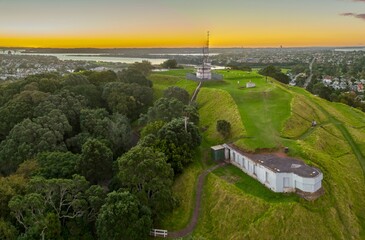 Aerial view of Auckland's Mount Victoria, showing historical fortifications, and the city skyline...