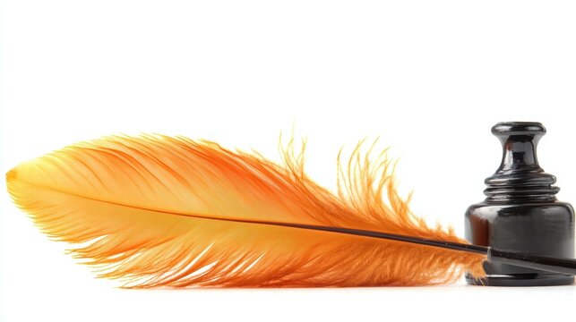 Writing with feather quill and inkwell white background still life image artistic environment close-up view classic concept