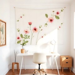 Watercolor Floral Tapestry Decorates Home Office Space
