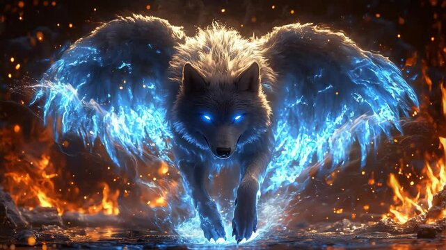 Majestic Flaming Wolf with Glowing Wings Seamless Loop Background