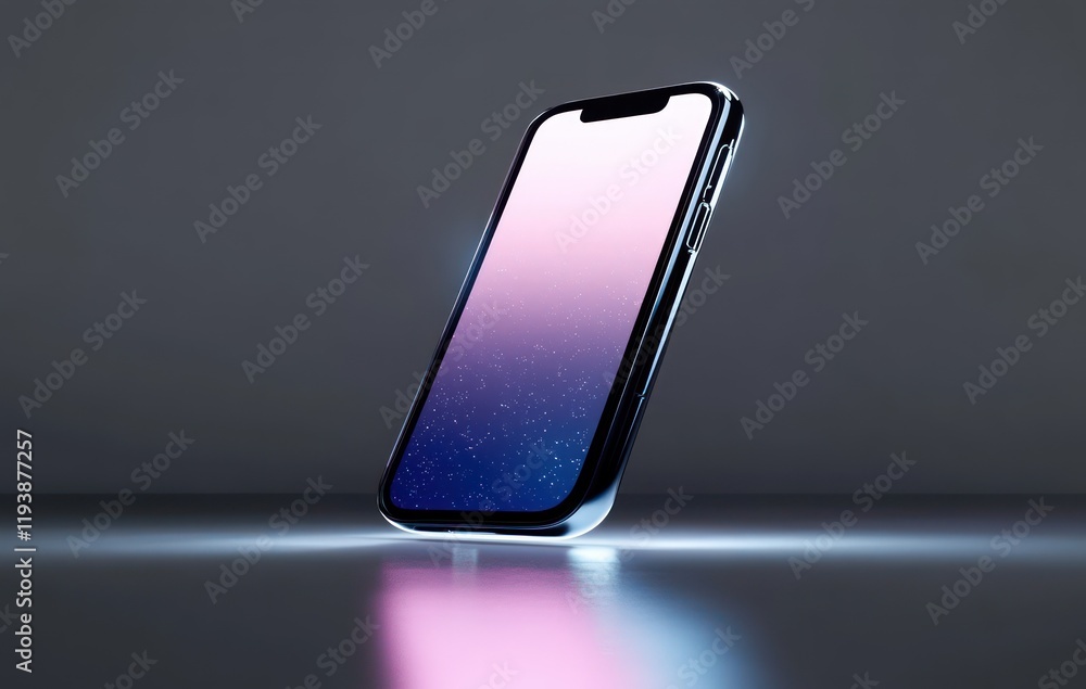 Poster futuristic smartphone mockup with app icons in a modern digital art style over a minimalistic dark b