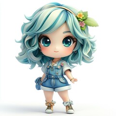 Adorable 3D Render of a Cute Anime Girl in Denim Outfit, Whimsical and Stylish, Digital Fantasy Art