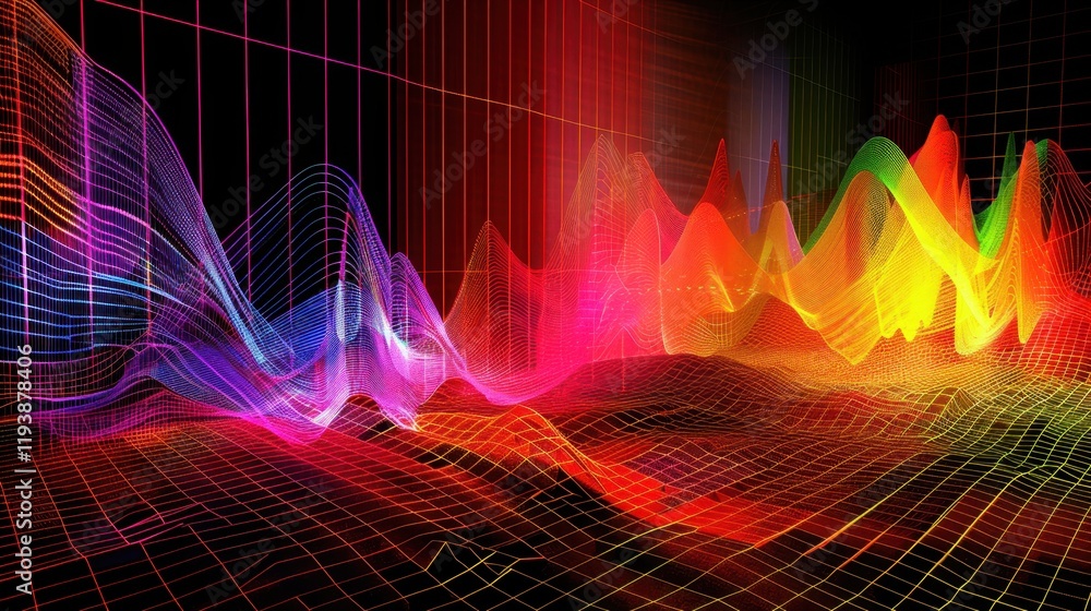 Poster vibrant abstract waveforms in colorful spectrum, representing sound and data visualization. dynamic 