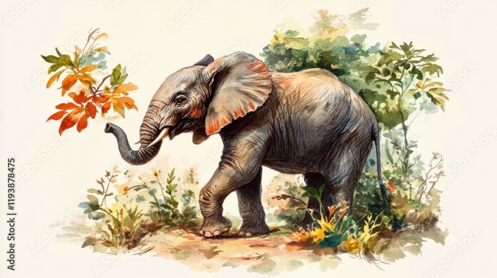 Poster elephant walking through a lush forest with colorful foliage in a vibrant artistic illustration. gen