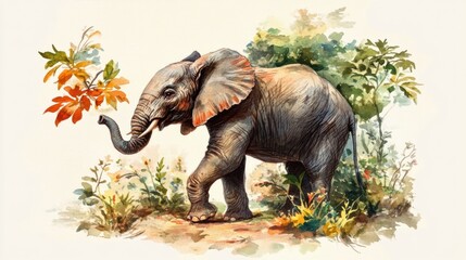Fototapeta premium Elephant walking through a lush forest with colorful foliage in a vibrant artistic illustration. Generative AI