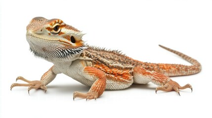 Obraz premium Bearded dragon basking under heat white background wildlife photography reptile habitat close-up sunbathing behavior