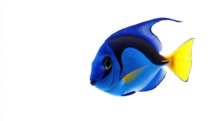 Blue tang fish swimming elegantly on a white background ocean wildlife photography minimalist underwater graceful marine life