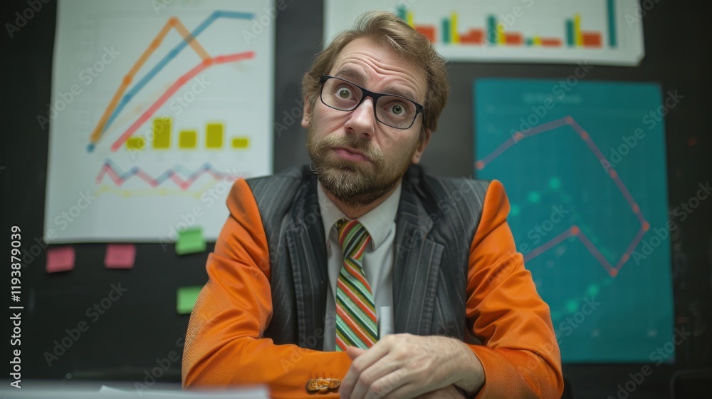 Poster businessman in orange suit with glasses, looking puzzled at charts and graphs. background features c