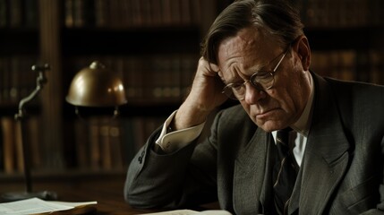 thoughtful man in suit reading book in library, surrounded by shelves of books. His expression shows deep concentration and contemplation