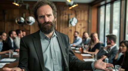 Fototapeta premium man in suit gestures during business meeting, surrounded by colleagues. atmosphere is tense as discussions unfold in modern conference room