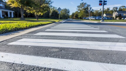 Obraz premium close up view of crosswalk on suburban street, showcasing white stripes against asphalt. scene is bright and inviting, with trees and houses in background