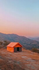sleeping tent in the middle of a meadow surrounded by mountains and forest in a sunset with copy space vertically 9:16
