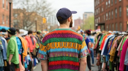 Fototapeta premium Vibrant Street Market Fashion with Man in Colorful Shirt