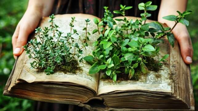 person holds open book with green plants growing from its pages, symbolizing nature and knowledge. scene evokes sense of harmony between literature and natural world