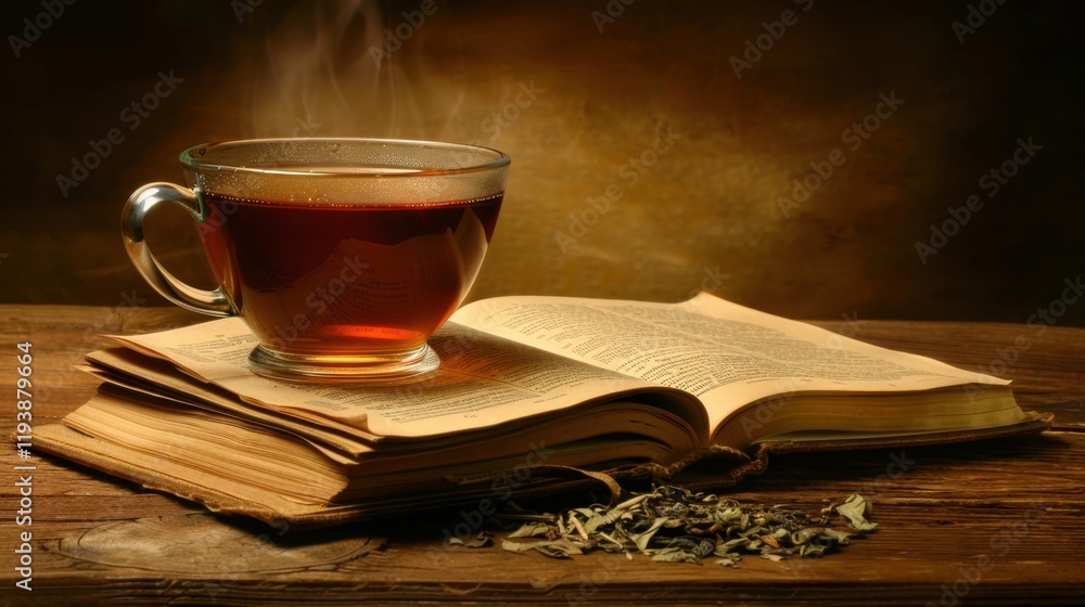 Poster steaming cup of tea rests on open book, creating cozy atmosphere perfect for relaxation and reading.