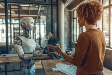 Fototapeta premium A robot works and helps a person with office tasks. Generative AI