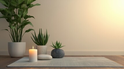 Fototapeta premium Relaxing meditation setup with plants candle and mat in serene indoor space