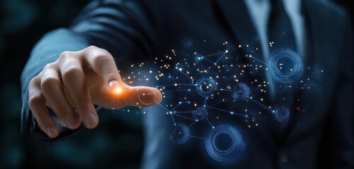 Businessman in Suit Engaging with Futuristic Digital Interface Technology