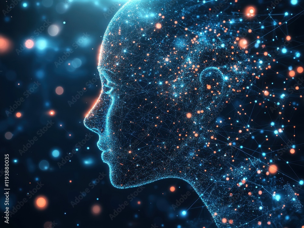 Poster abstract representation of a human head silhouette made of dots and lines with glowing particles ref